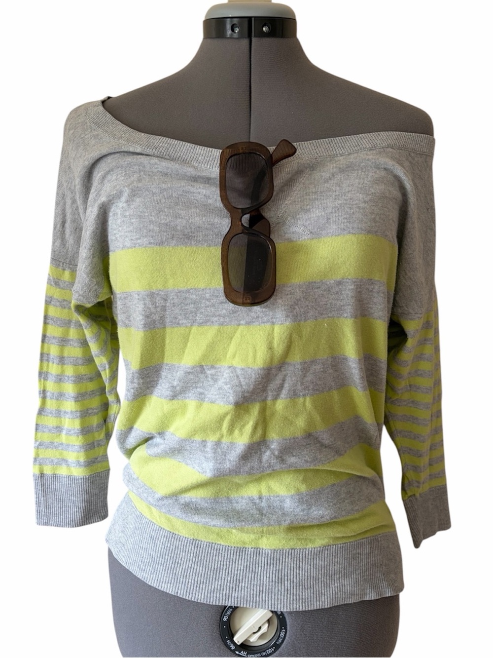 American Eagle Y2K Neon Yellow Grey Striped Off Shoulder Knit Sweater Slouch Top